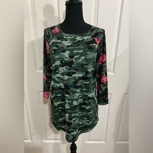 LuLaRoe L Green Camouflage Randy T with Pink Floral Accents